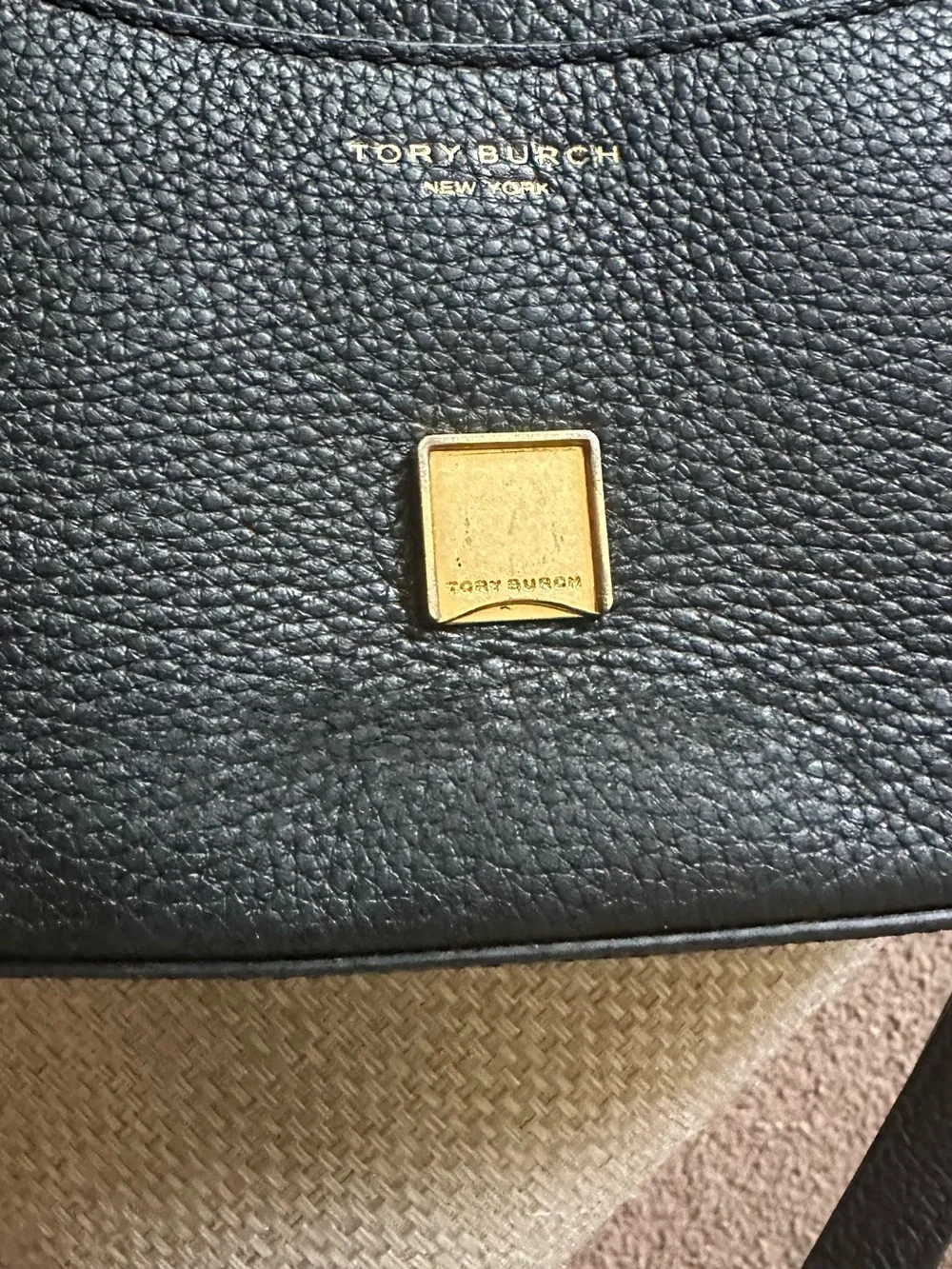 Tory Burch Black Pebbled Leather Shoulder Bag with Gold Logo